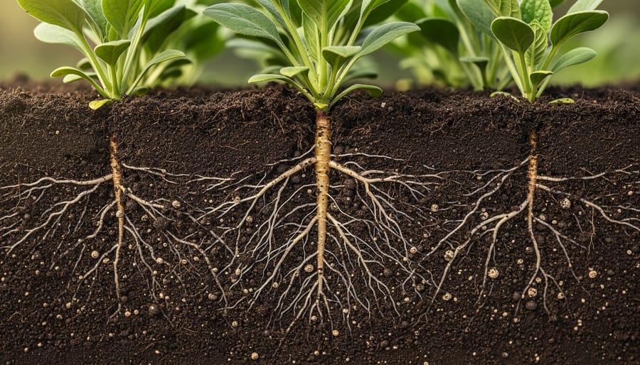 Close-up of plant roots with white mycorrhizal fungal networks in dark soil