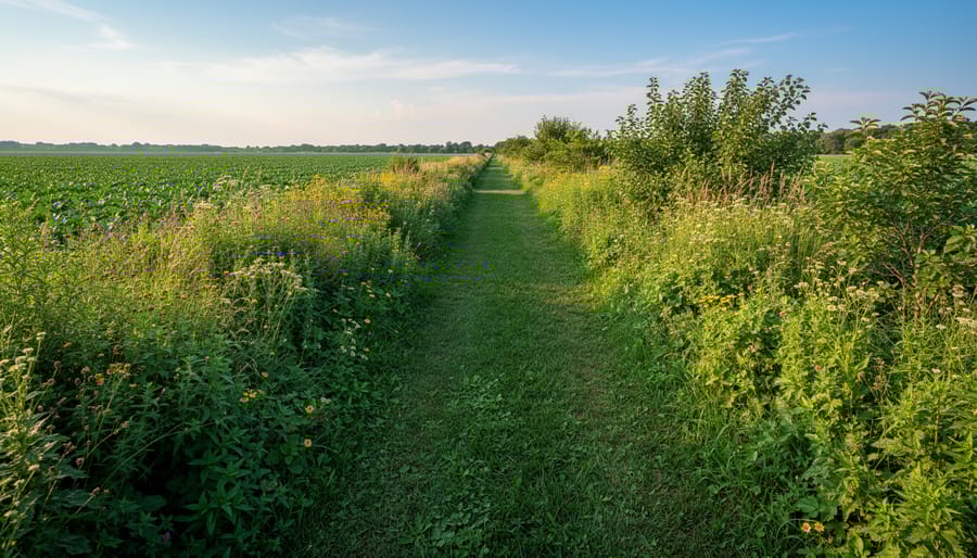 Diverse native wildflowers and grasses along farm field edge creating protective buffer zone