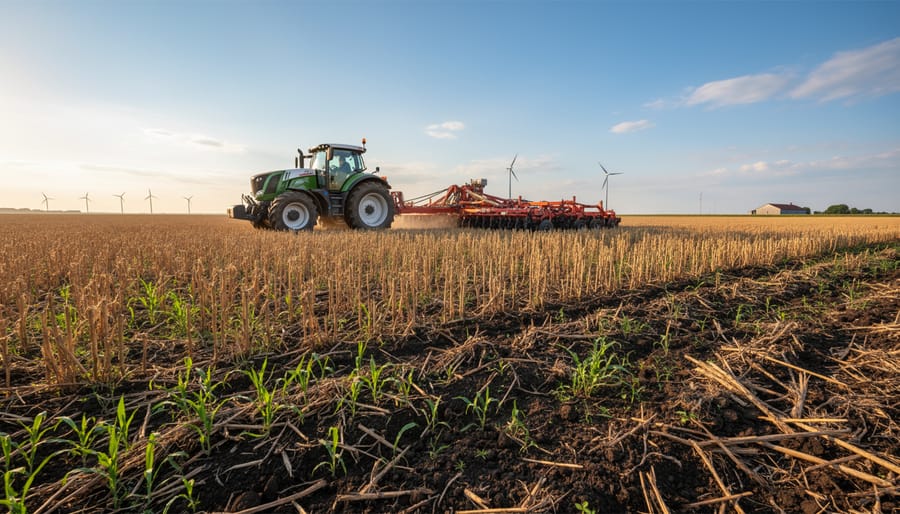 No-till seeding equipment operating in field with visible crop residue on soil surface