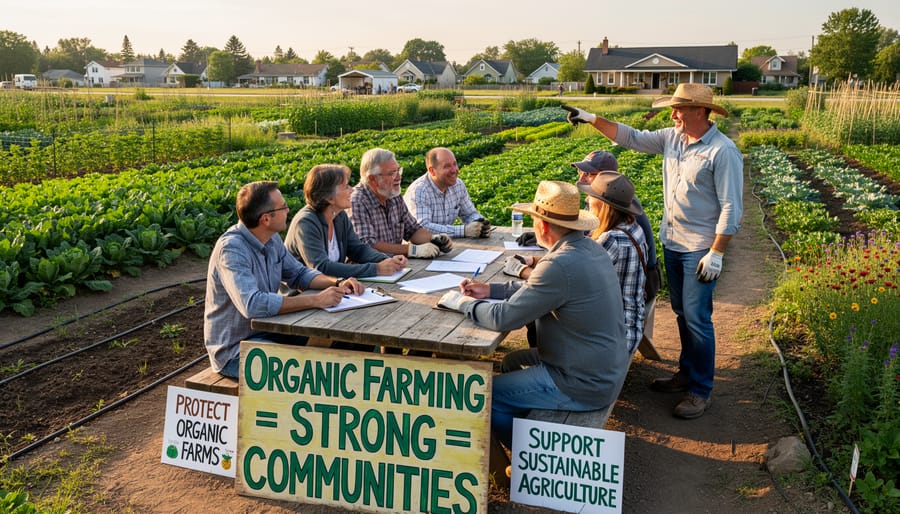 Thriving organic vegetable field with rows of healthy crops under blue sky