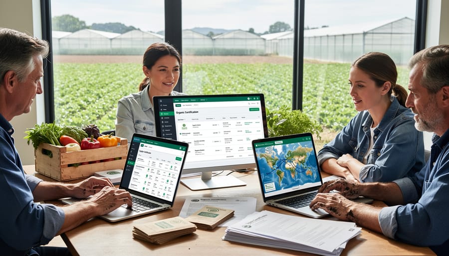 Farmer using tablet computer to access organic certification database at farm desk