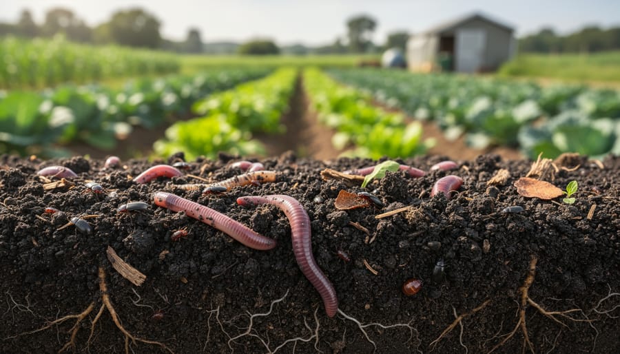 Farmer's hands holding rich organic soil with earthworms and plant roots