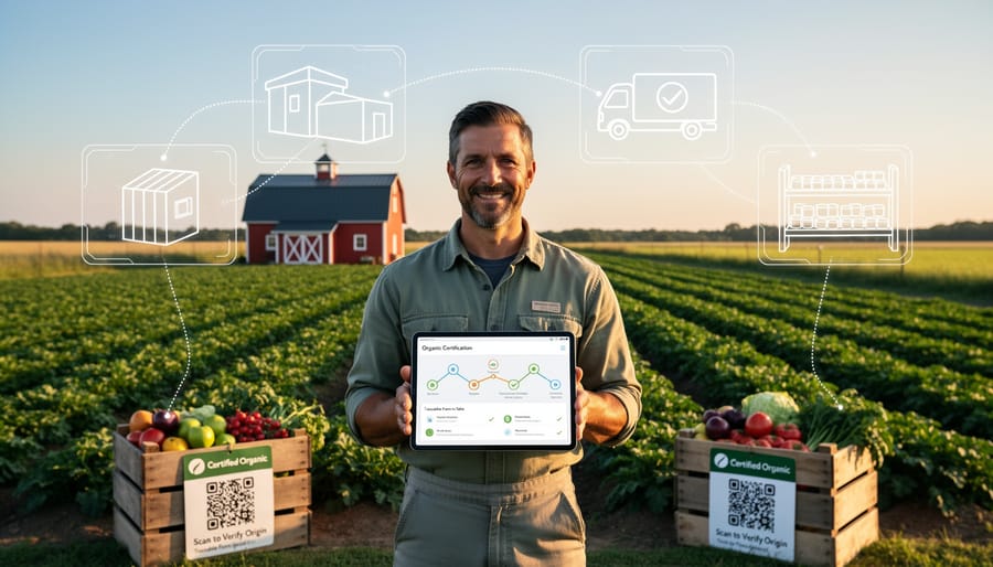 Farmers examining organic vegetables at market demonstrating supply chain transparency