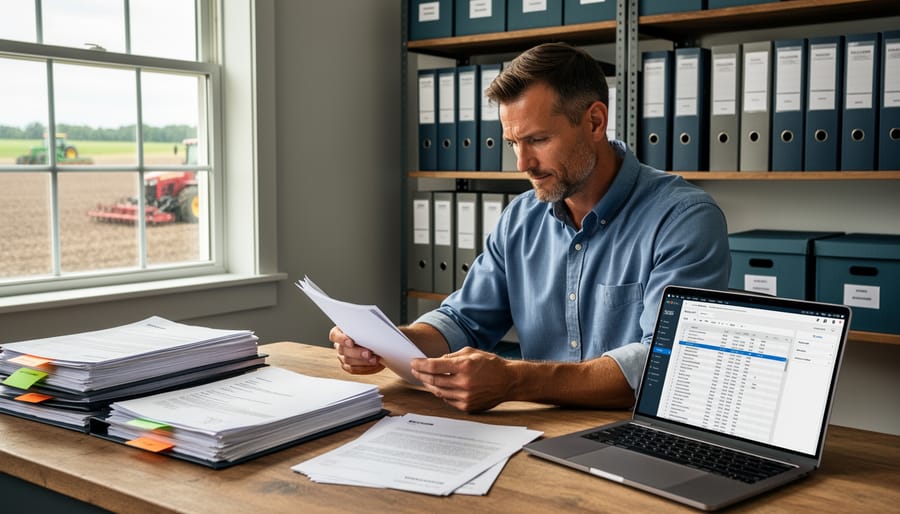 Organized farm business documents and folders on desk with laptop