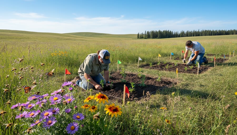Farmer's hands planting native wildflower seedlings in soil along field edge