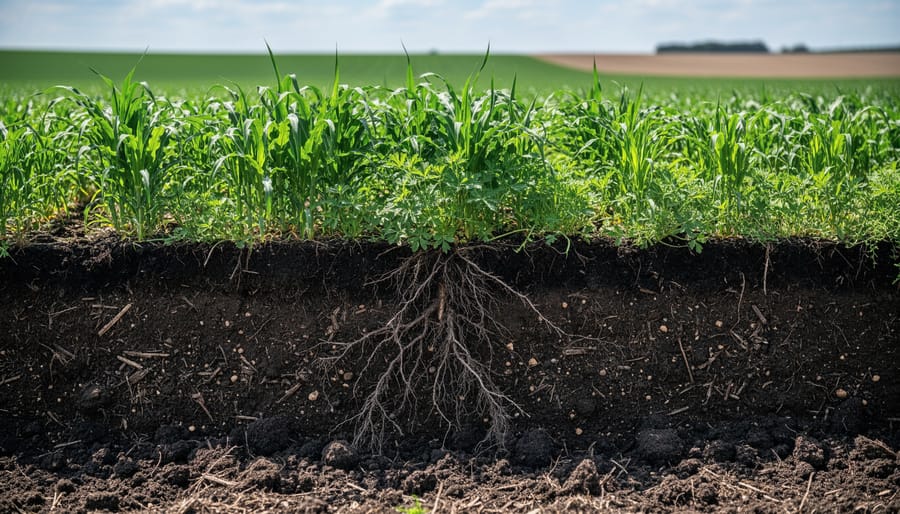 Cross-section of dark soil showing roots and organic matter held in farmer's hands