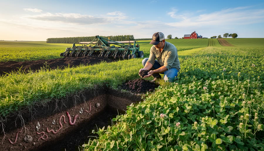 Wide view of Alberta farmland showing healthy cover crop field with traditional grain field in background