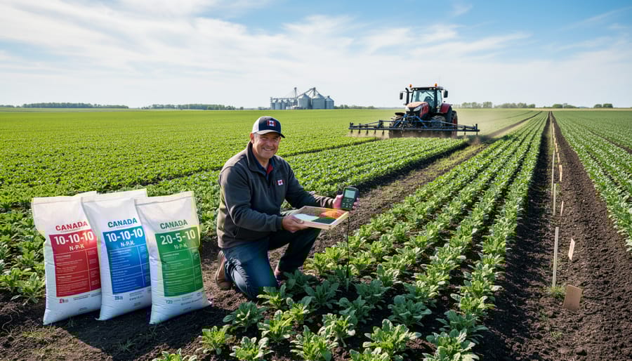 Farmer's hands holding synthetic fertilizer pellets over dark soil with crop rows in background