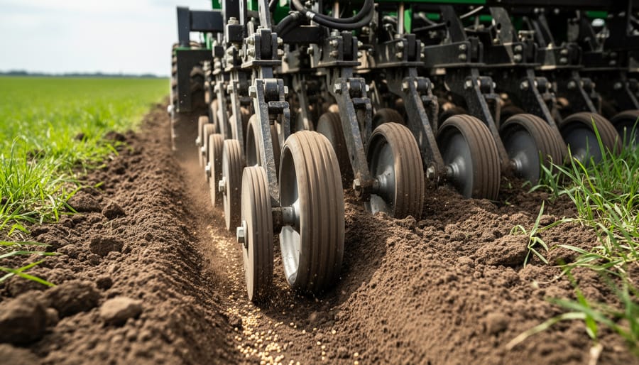 Agricultural seeding equipment with press wheels working soil during planting operation