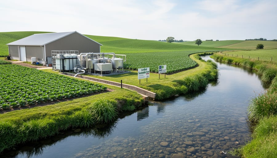Clear stream with healthy vegetation showing protected water quality in agricultural region