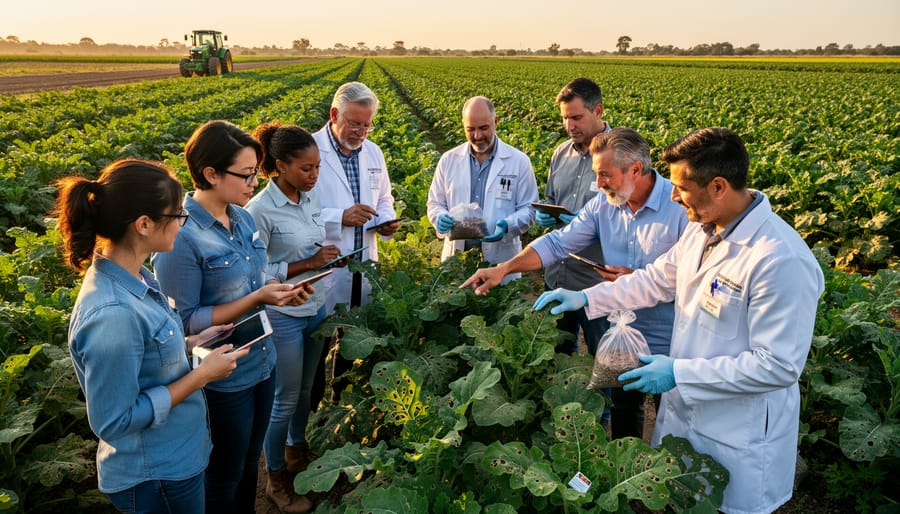 Researchers examining plants in agricultural field with sampling equipment