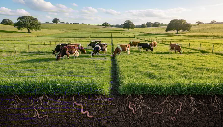 Cattle grazing on managed pasture showing rotational grazing system with healthy grass