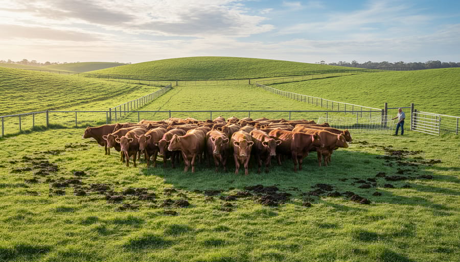 Cattle grazing on green pasture with rancher adjusting portable fencing for rotational grazing