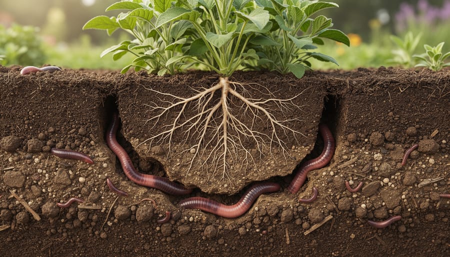 Macro view of soil showing fungal networks, earthworms, and plant roots in healthy soil ecosystem