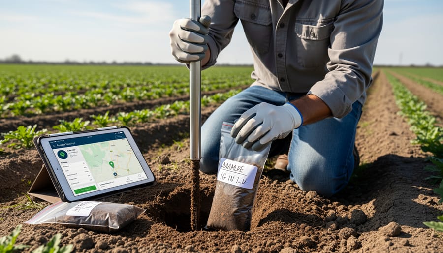 Agricultural specialist taking soil core samples in crop field for carbon measurement