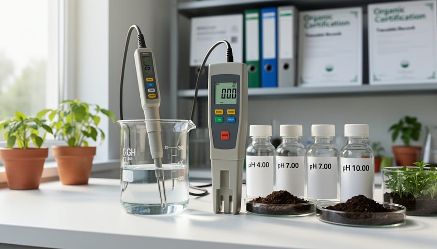 Calibrated pH meter measuring soil quality in organic farmland