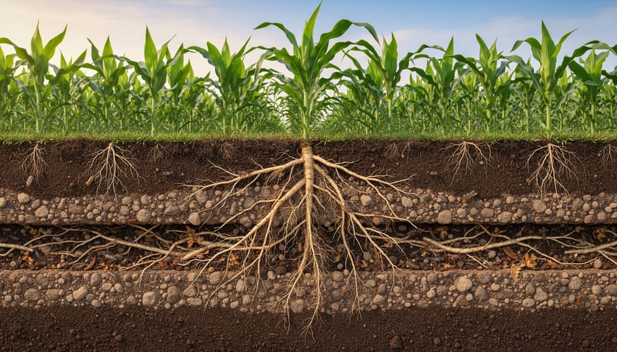 Cross-section view of plant roots growing through layered soil showing soil health indicators