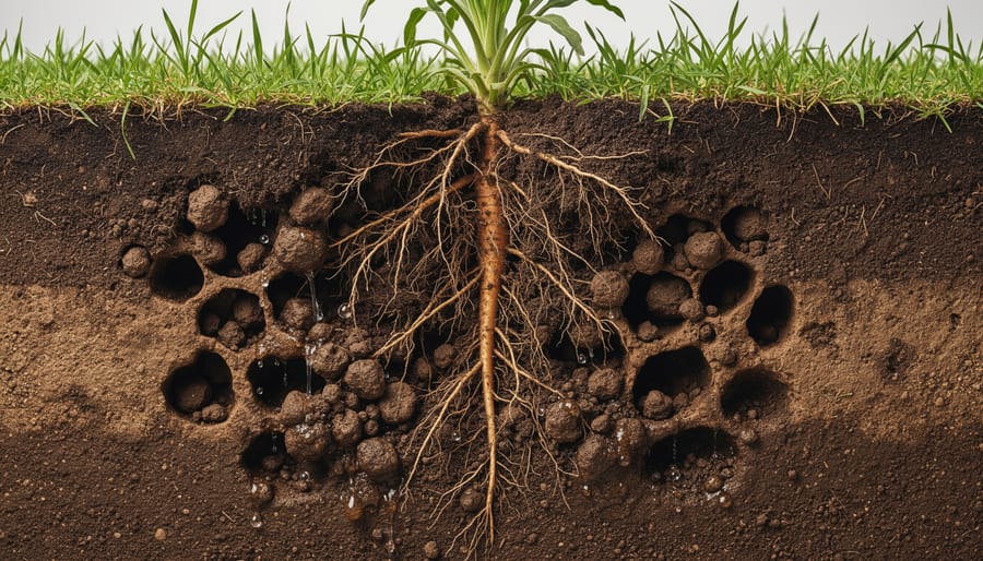 Cross-section of soil showing layered structure with aggregates and root channels