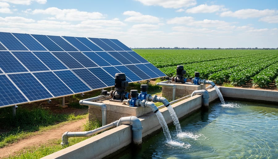 Solar panel array powering agricultural water pump in farm setting