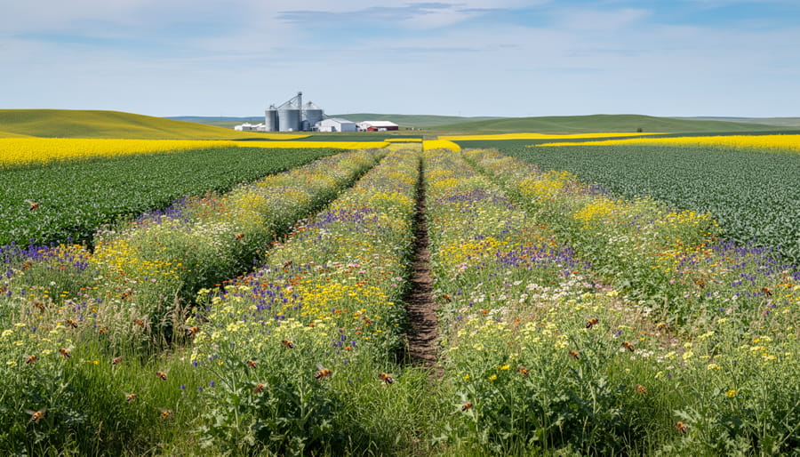 Blooming canola field with native pollinator habitat strips along margins