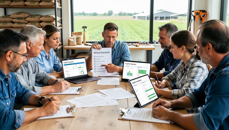 Supplier evaluation checklist on clipboard at farm supply location