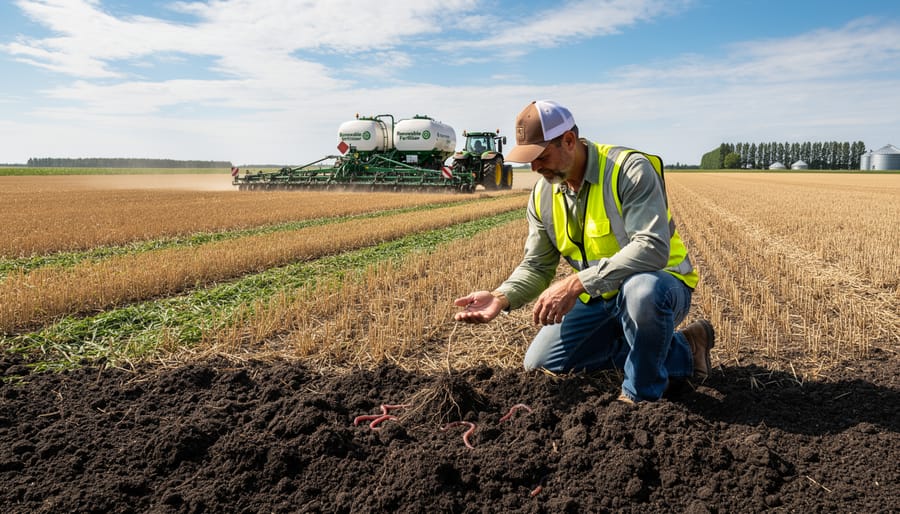 Aerial view of healthy green wheat field in Alberta with farm equipment