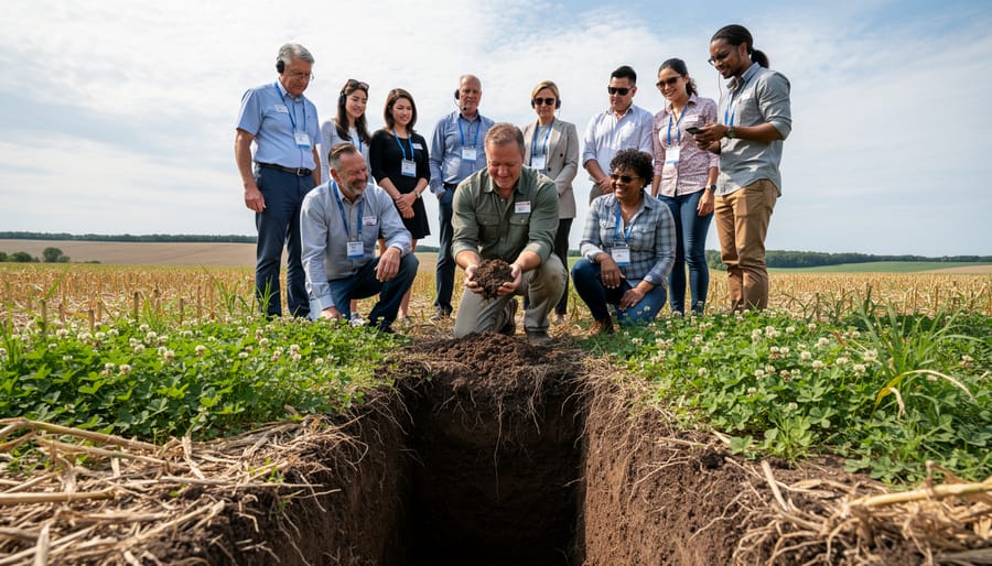 Farmer's hands holding rich organic soil with visible earthworms and organic matter