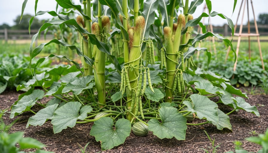 Three Sisters companion planting showing corn, beans, and squash growing together in agricultural field