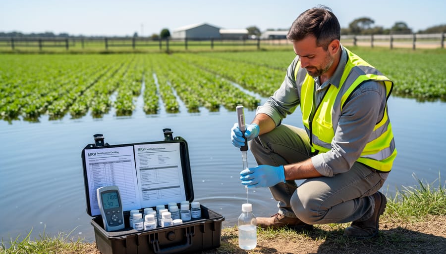 Farmer collecting water sample in testing bottle for quality monitoring