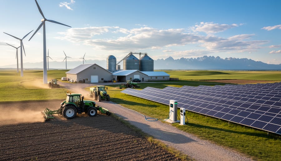 Aerial view of Alberta farm with solar panel installation and electric farm equipment