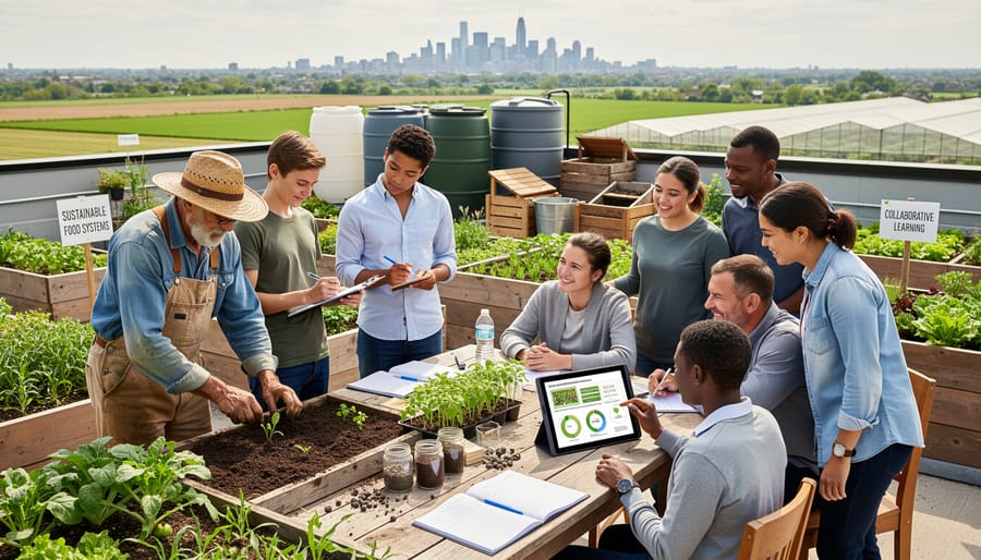 Diverse group of farmers and students gathered around harvest table with fresh produce
