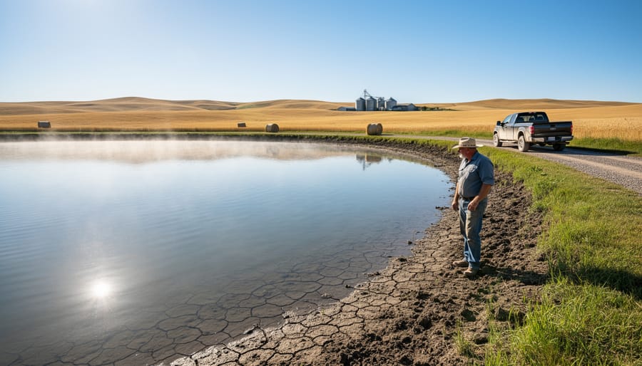 Aerial view of farm reservoir showing reduced water levels and exposed shoreline