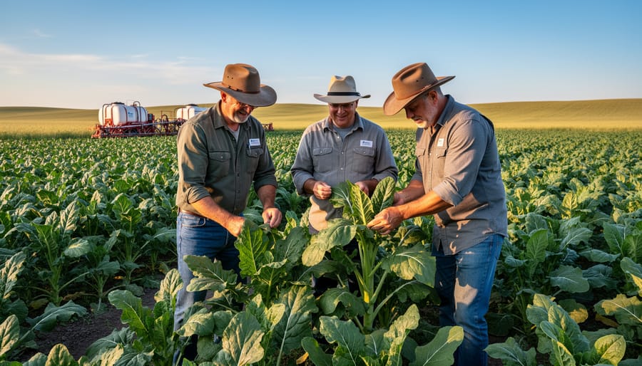 Alberta farmer inspecting healthy pest-resistant wheat crop in field