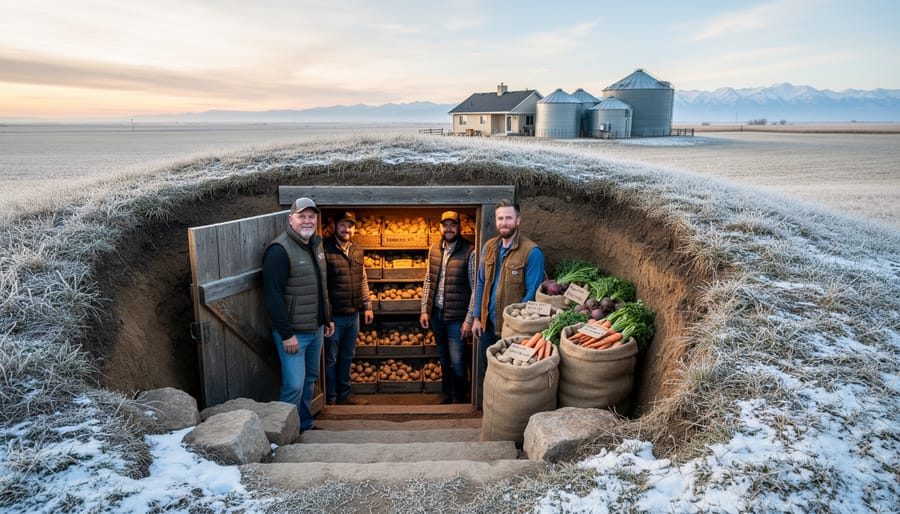 Farmer inspecting stored vegetables in traditional underground root cellar with wooden shelving