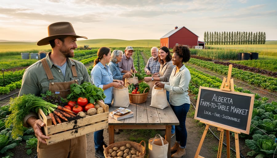 Alberta farmer holding crate of fresh produce standing in vegetable field with prairie landscape background