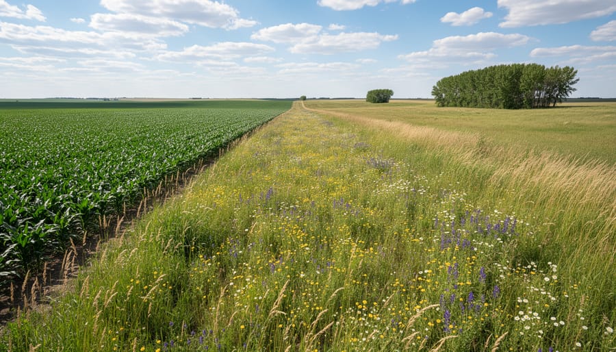 Strip of native wildflowers and grasses along the edge of wheat field on Alberta prairie farm