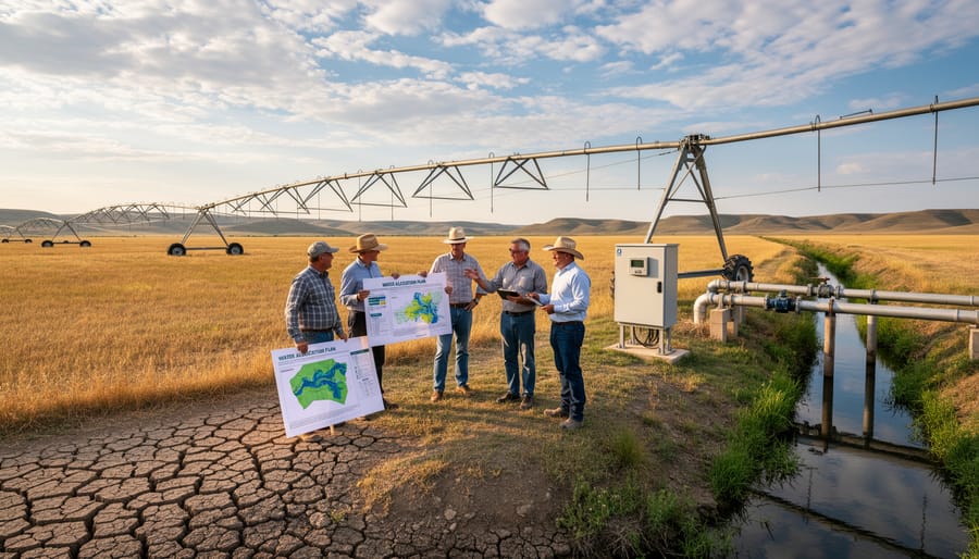 Center pivot irrigation system operating over prairie wheat field with mountains in distance
