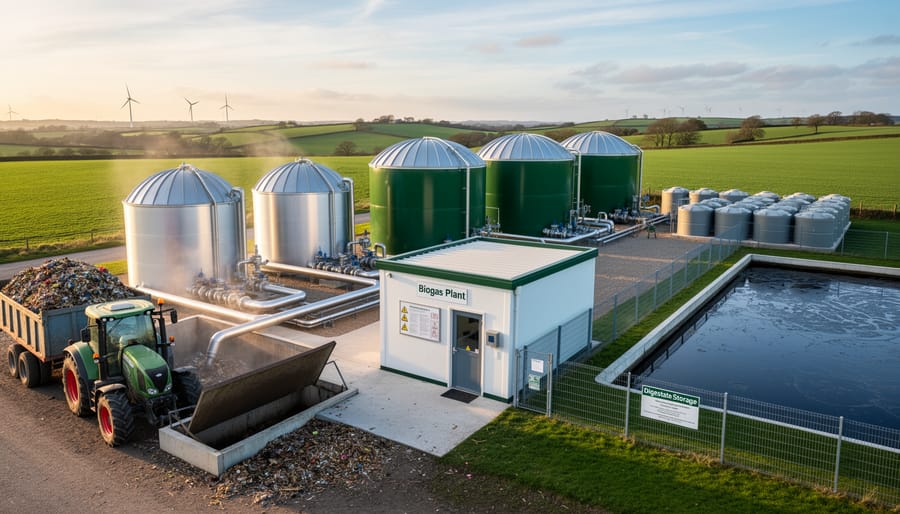 Anaerobic digestion facility with storage tanks on working dairy farm