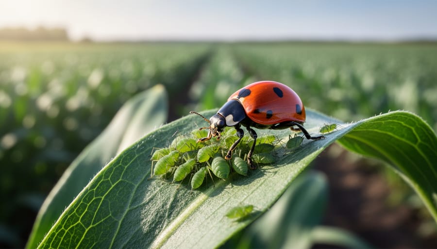 Ladybug beetle on wheat leaf near aphids demonstrating biological pest control