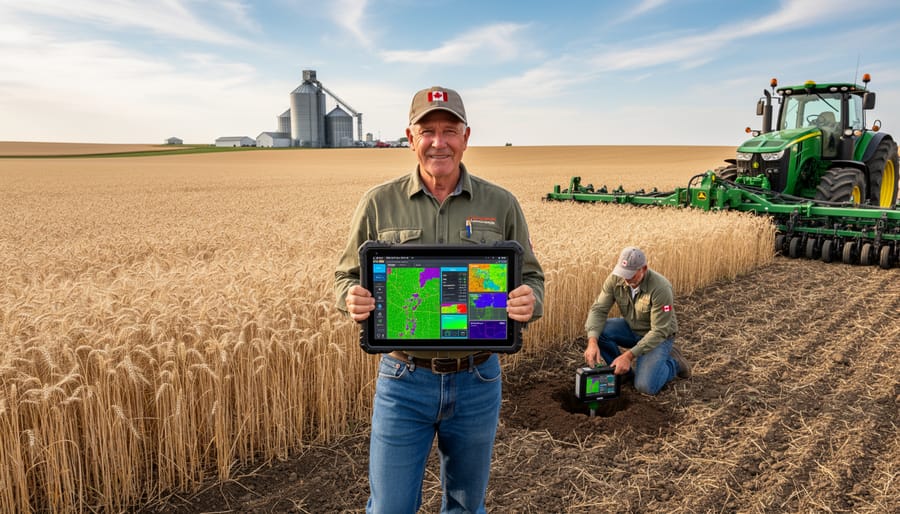 Multiple digital displays and tablets in modern tractor cab showing various farm data systems