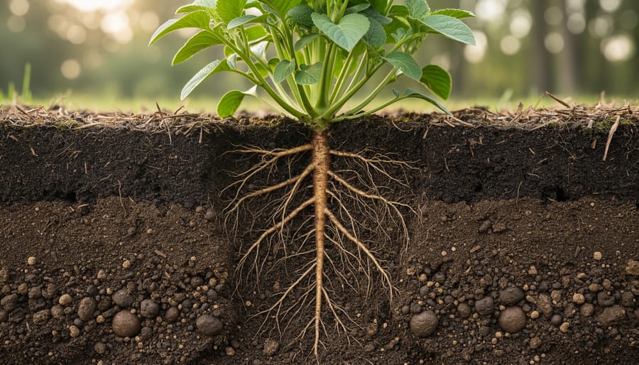Close-up of plant roots in rich soil showing carbon sequestration