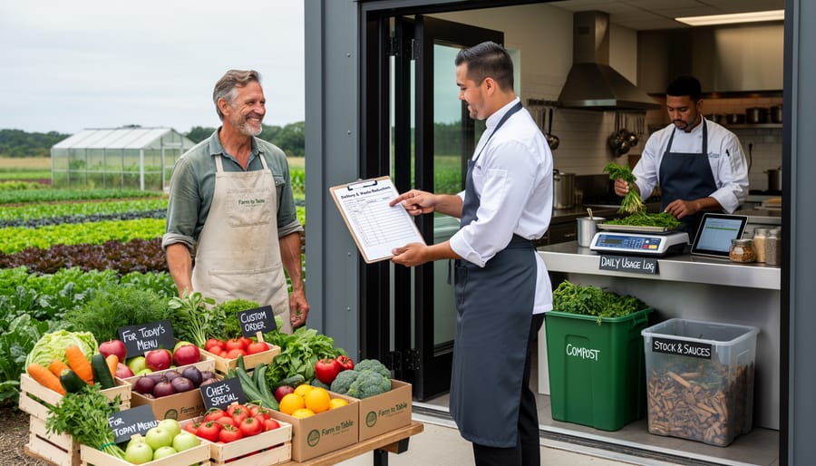 Farmer and chef collaborating over fresh produce in agricultural field