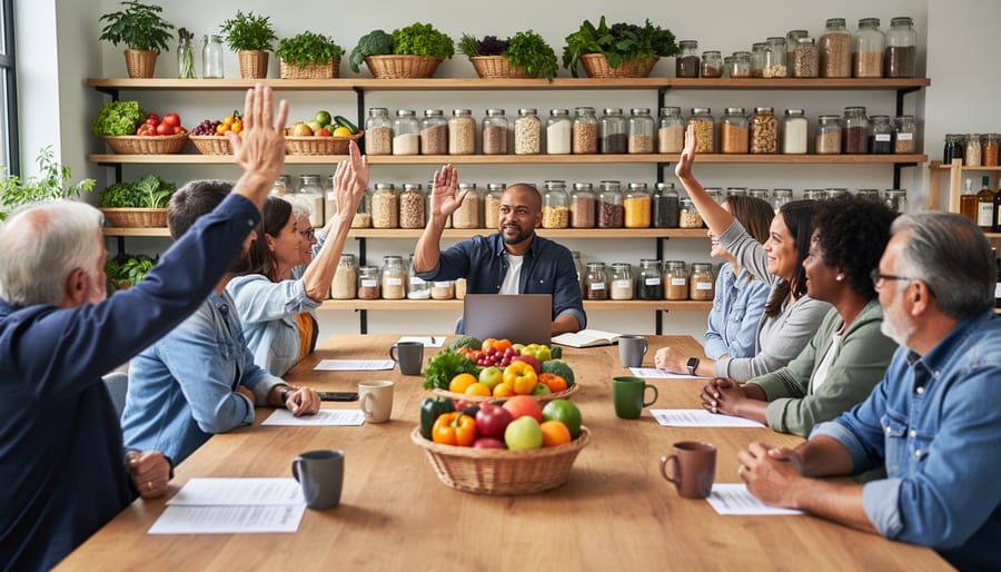 Farmers meeting around table discussing cooperative food distribution planning