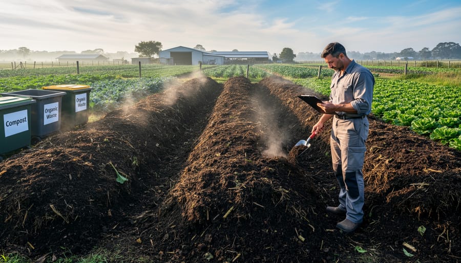 Active compost pile with steam rising from decomposing organic materials on farm