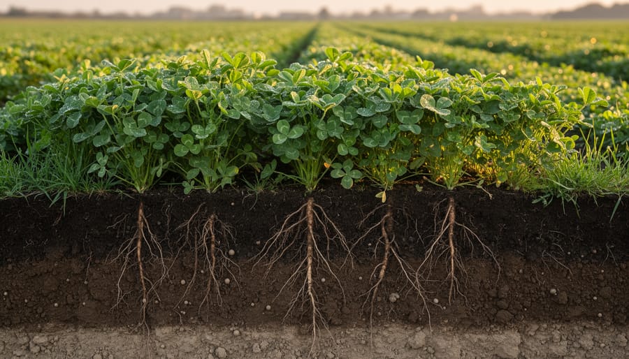 Dense cover crop field with multiple plant species growing in organic farming system