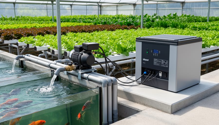 DC water pump and battery storage system for solar aquaponic setup
