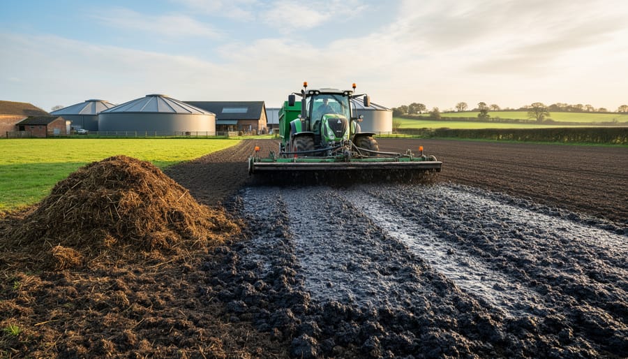Close-up of processed digestate material held in farmer's gloved hands showing texture