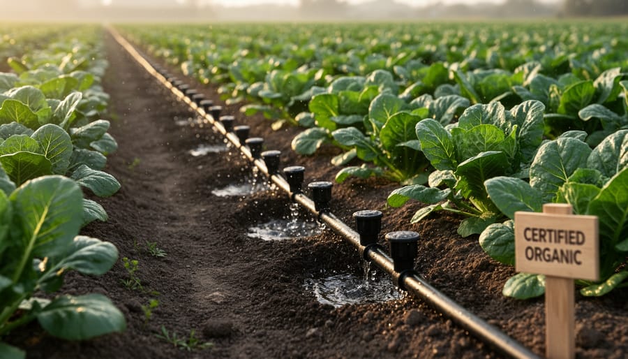 Drip irrigation system with water droplets in crop rows on organic farm