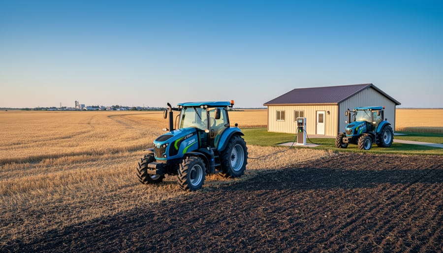 Green electric tractor operating in Alberta wheat field during morning