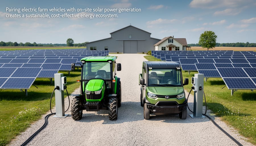Electric farm utility vehicle parked near barn with solar panel installation